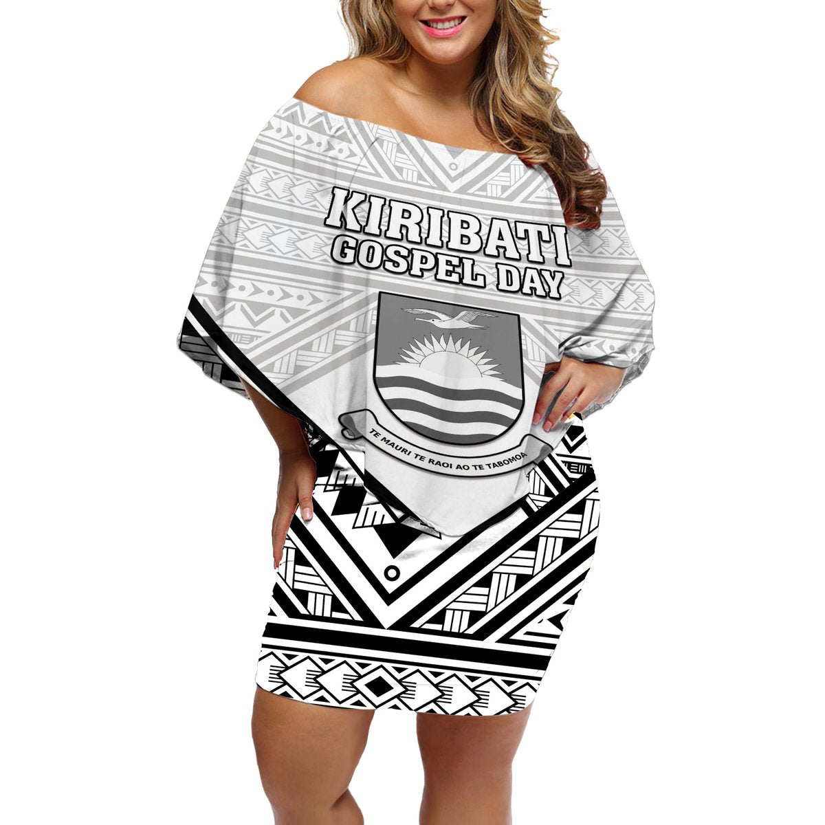 Personalised Kiribati Gospel Day Off Shoulder Short Dress Coat Of Arms Polynesian Pattern LT05 Women White - Polynesian Pride