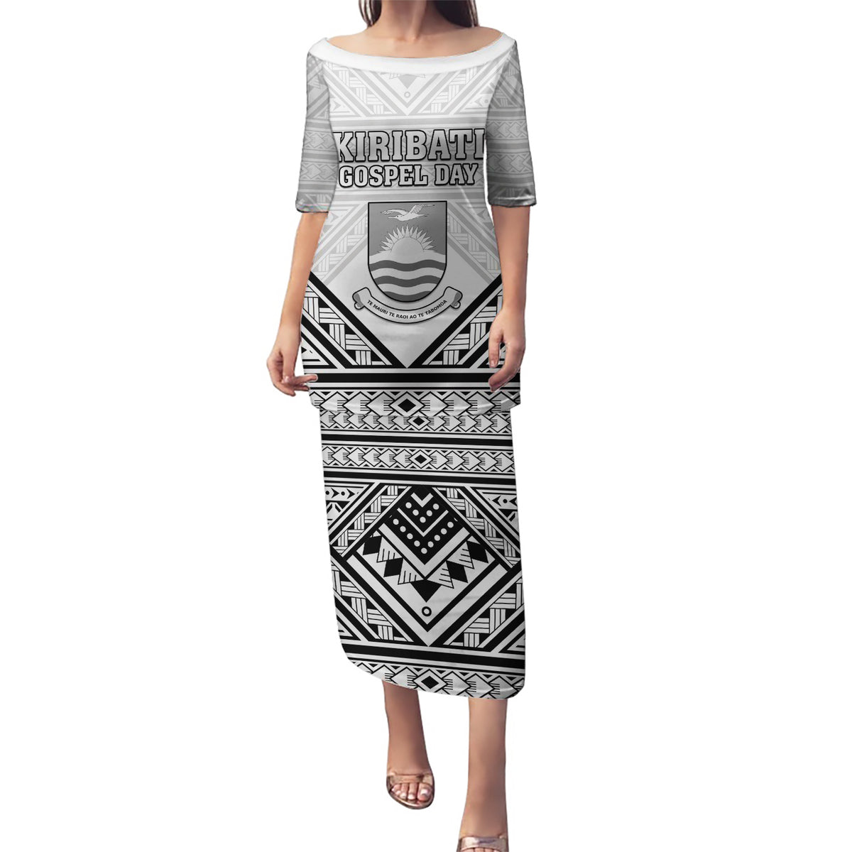 Personalised Kiribati Gospel Day Puletasi Coat Of Arms Polynesian Pattern LT05 Long Dress White - Polynesian Pride