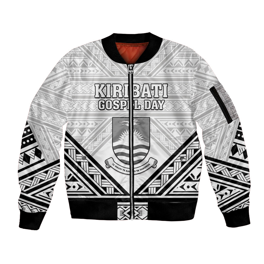 Personalised Kiribati Gospel Day Sleeve Zip Bomber Jacket Coat Of Arms Polynesian Pattern LT05 Unisex White - Polynesian Pride
