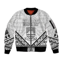Personalised Kiribati Gospel Day Sleeve Zip Bomber Jacket Coat Of Arms Polynesian Pattern LT05 Unisex White - Polynesian Pride