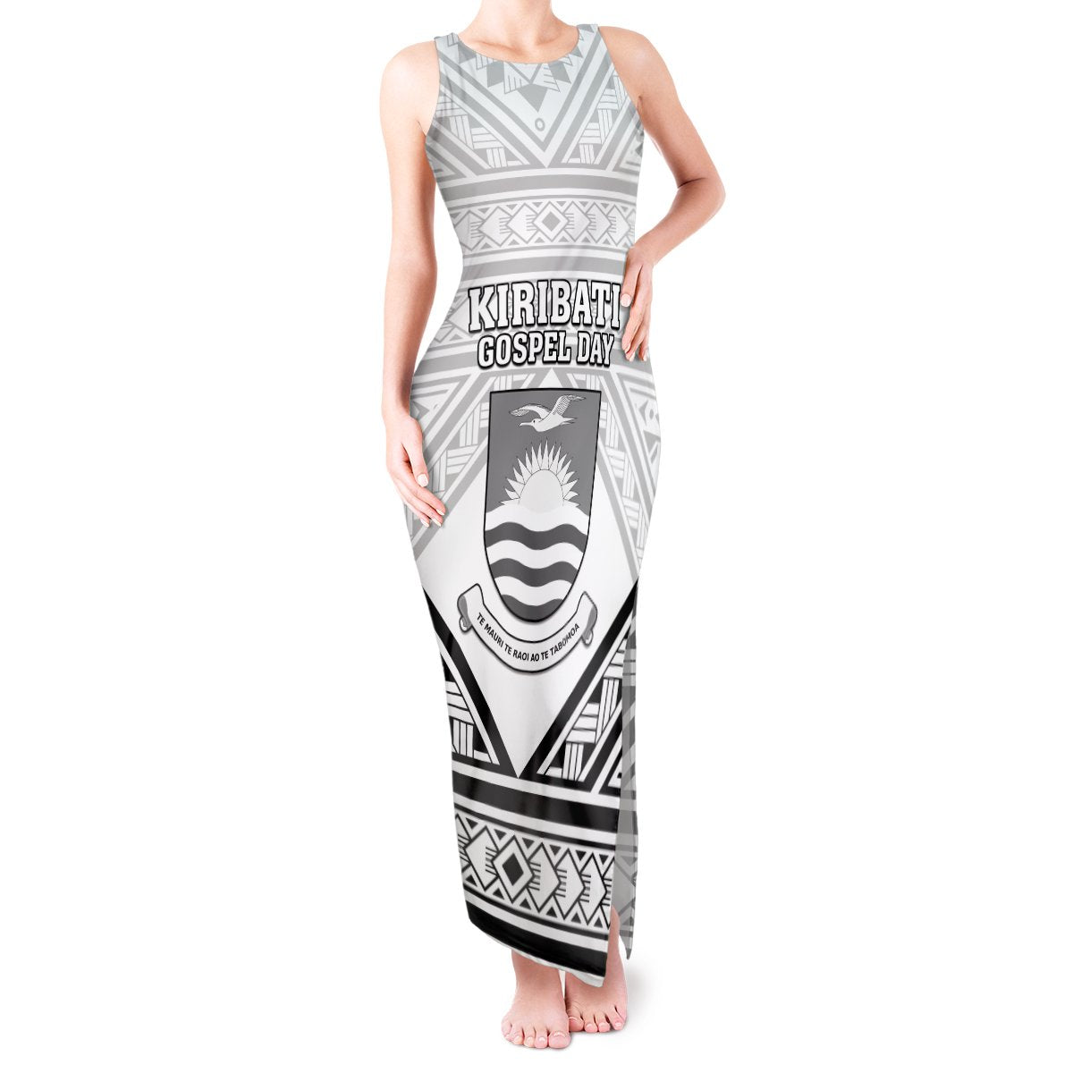 Personalised Kiribati Gospel Day Tank Maxi Dress Coat Of Arms Polynesian Pattern LT05 Women White - Polynesian Pride