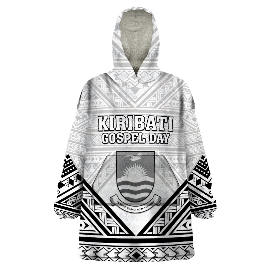 Personalised Kiribati Gospel Day Wearable Blanket Hoodie Coat Of Arms Polynesian Pattern LT05 One Size White - Polynesian Pride