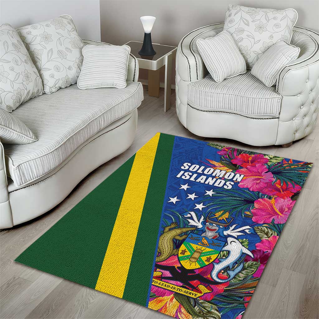 Solomon Islands Independence Day Area Rug Coat Of Arms With Tropical Flowers
