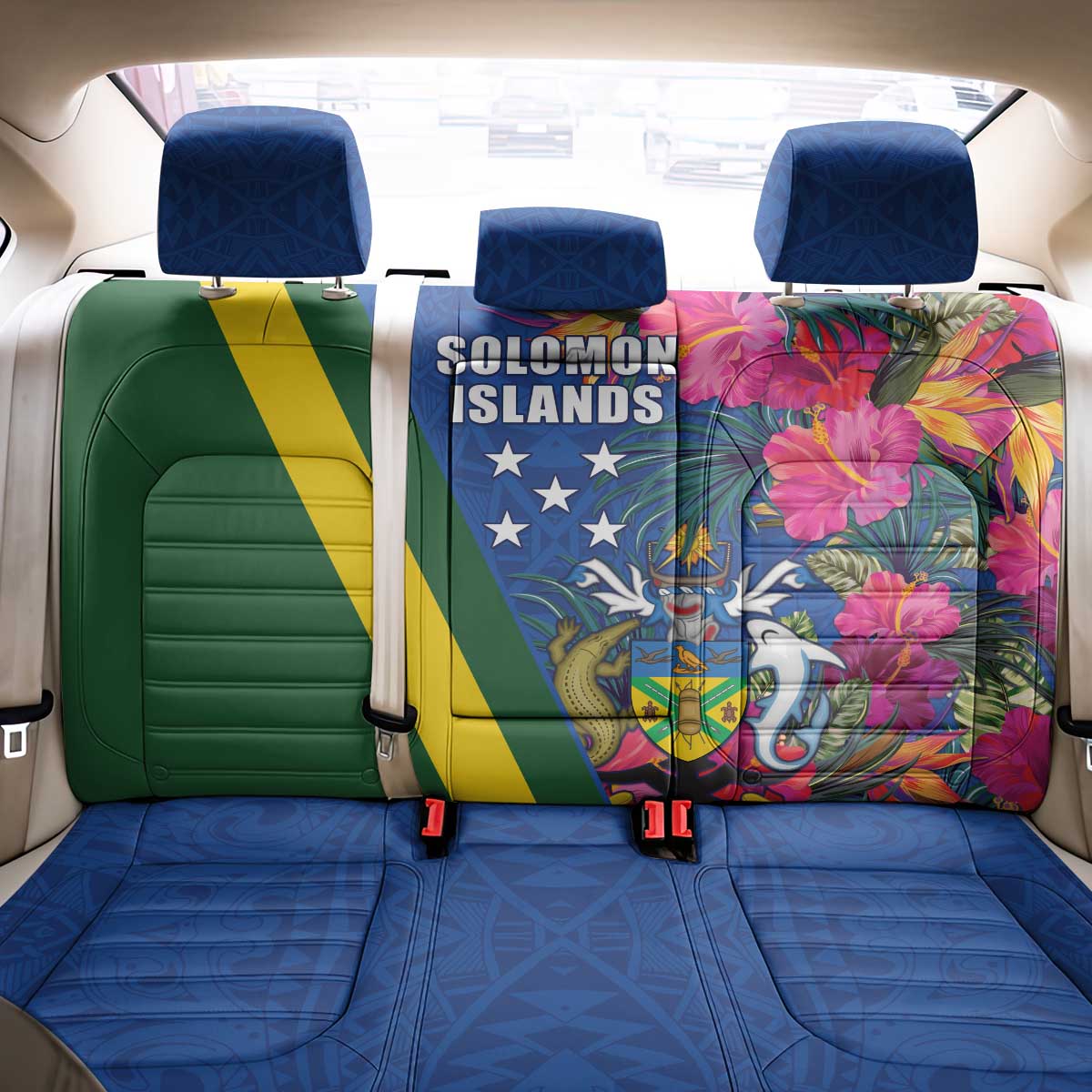 Solomon Islands Independence Day Back Car Seat Cover Coat Of Arms With Tropical Flowers