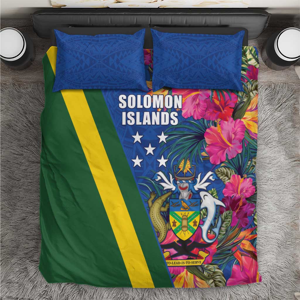Solomon Islands Independence Day Bedding Set Coat Of Arms With Tropical Flowers