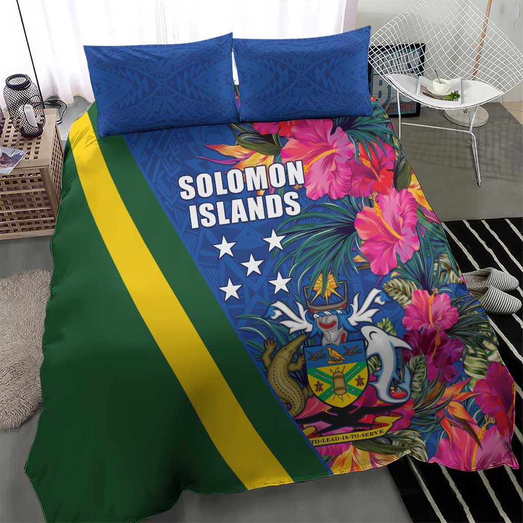 Solomon Islands Independence Day Bedding Set Coat Of Arms With Tropical Flowers