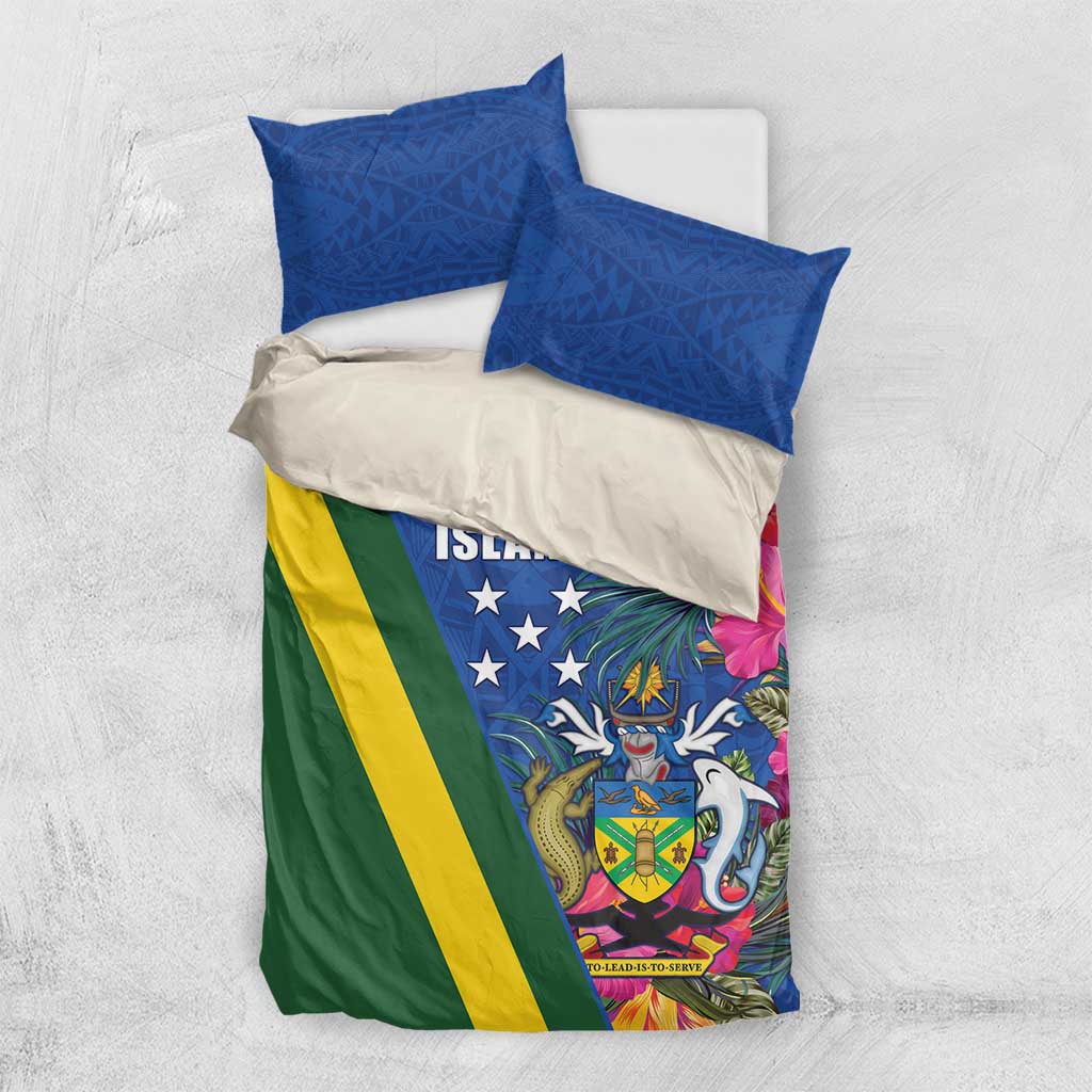 Solomon Islands Independence Day Bedding Set Coat Of Arms With Tropical Flowers