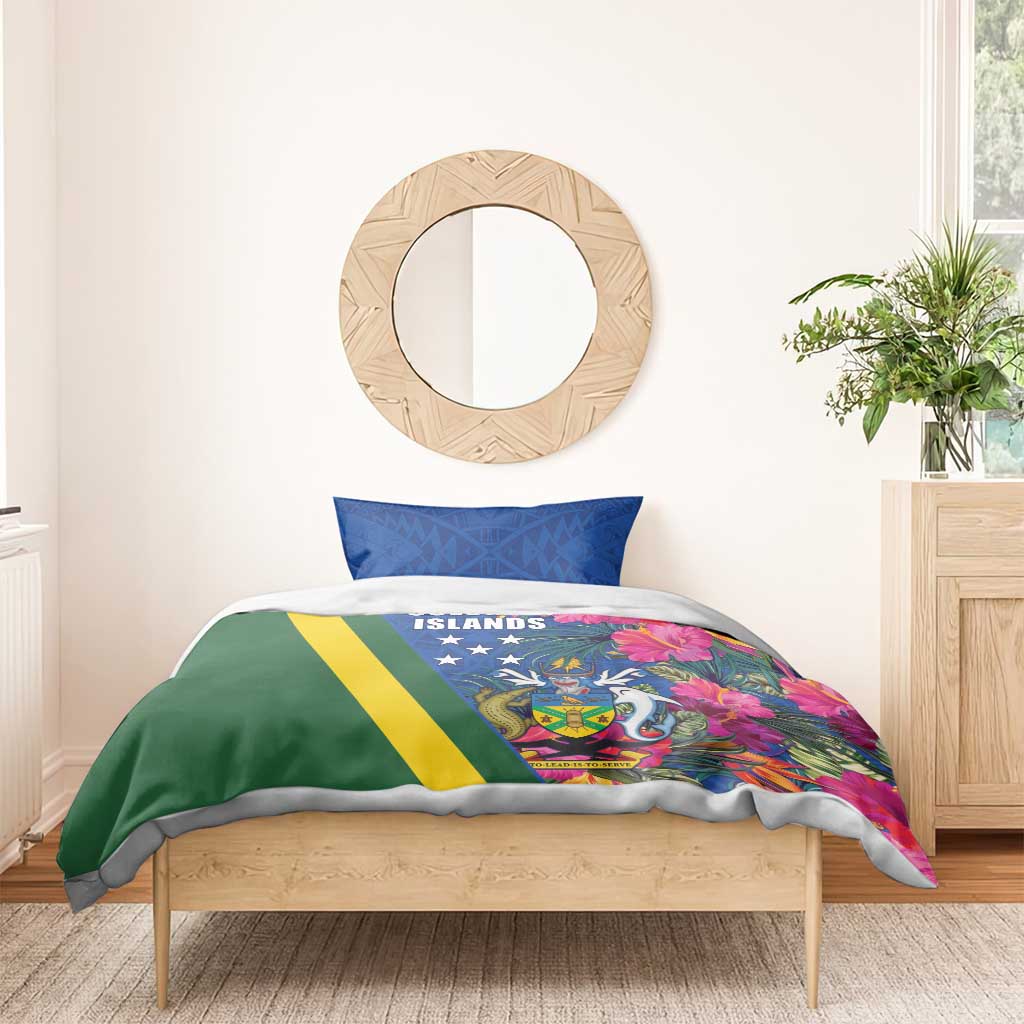 Solomon Islands Independence Day Bedding Set Coat Of Arms With Tropical Flowers
