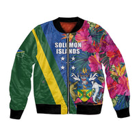 Solomon Islands Independence Day Bomber Jacket Coat Of Arms With Tropical Flowers