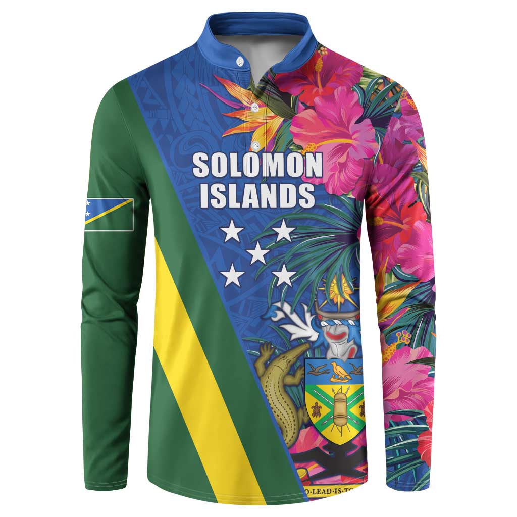 Solomon Islands Independence Day Button Sweatshirt Coat Of Arms With Tropical Flowers