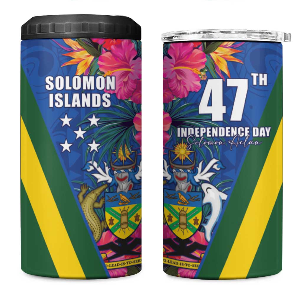 Solomon Islands Independence Day 4 in 1 Can Cooler Tumbler Coat Of Arms With Tropical Flowers