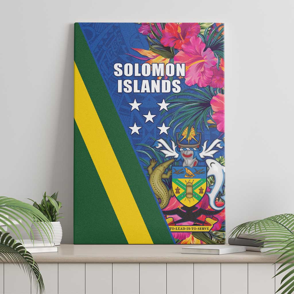 Solomon Islands Independence Day Canvas Wall Art Coat Of Arms With Tropical Flowers