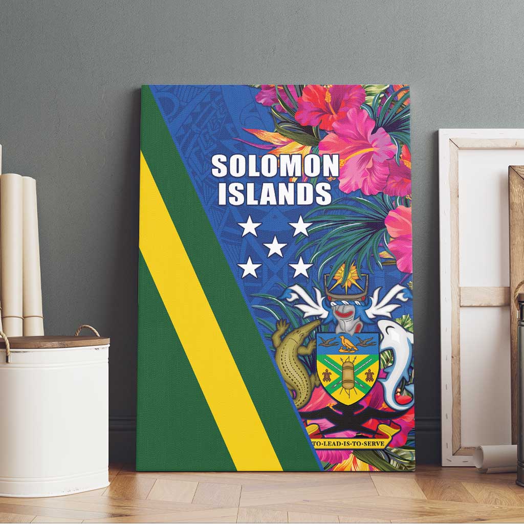 Solomon Islands Independence Day Canvas Wall Art Coat Of Arms With Tropical Flowers