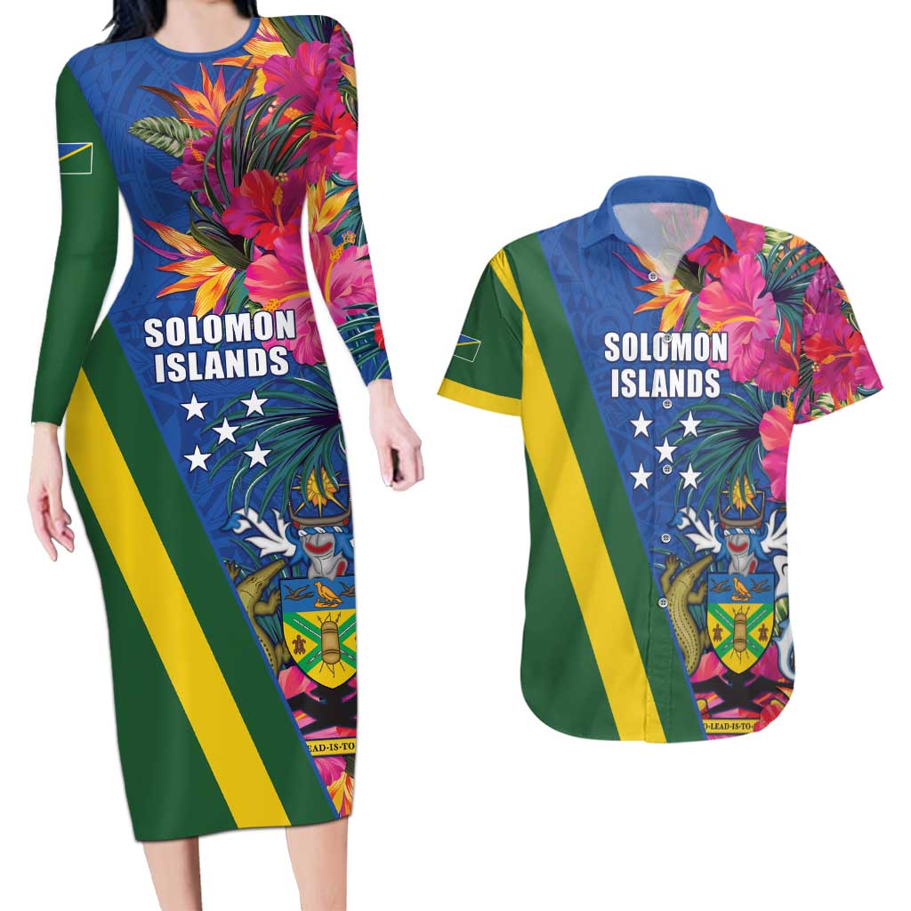Solomon Islands Independence Day Couples Matching Long Sleeve Bodycon Dress and Hawaiian Shirt Coat Of Arms With Tropical Flowers