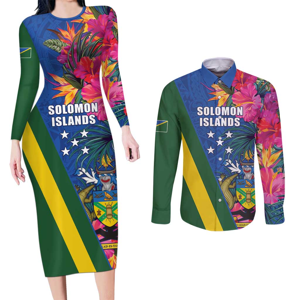 Solomon Islands Independence Day Couples Matching Long Sleeve Bodycon Dress and Long Sleeve Button Shirt Coat Of Arms With Tropical Flowers