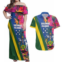 Solomon Islands Independence Day Couples Matching Off Shoulder Maxi Dress and Hawaiian Shirt Coat Of Arms With Tropical Flowers