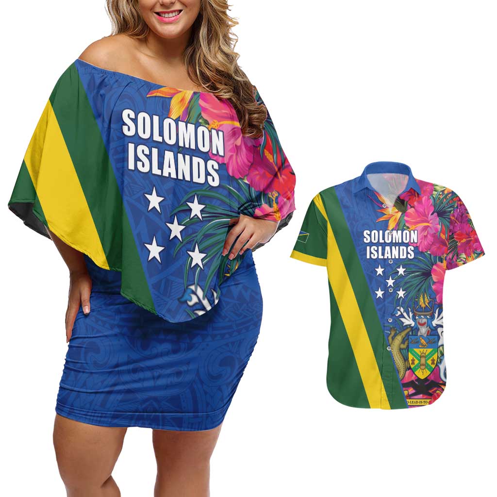 Solomon Islands Independence Day Couples Matching Off Shoulder Short Dress and Hawaiian Shirt Coat Of Arms With Tropical Flowers