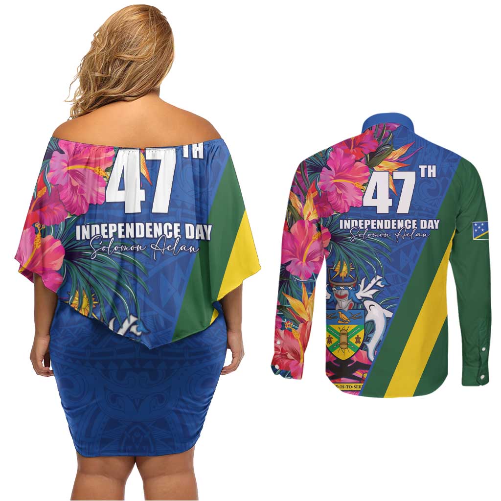Solomon Islands Independence Day Couples Matching Off Shoulder Short Dress and Long Sleeve Button Shirt Coat Of Arms With Tropical Flowers