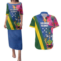 Solomon Islands Independence Day Couples Matching Puletasi and Hawaiian Shirt Coat Of Arms With Tropical Flowers