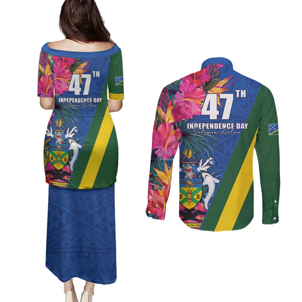 Solomon Islands Independence Day Couples Matching Puletasi and Long Sleeve Button Shirt Coat Of Arms With Tropical Flowers