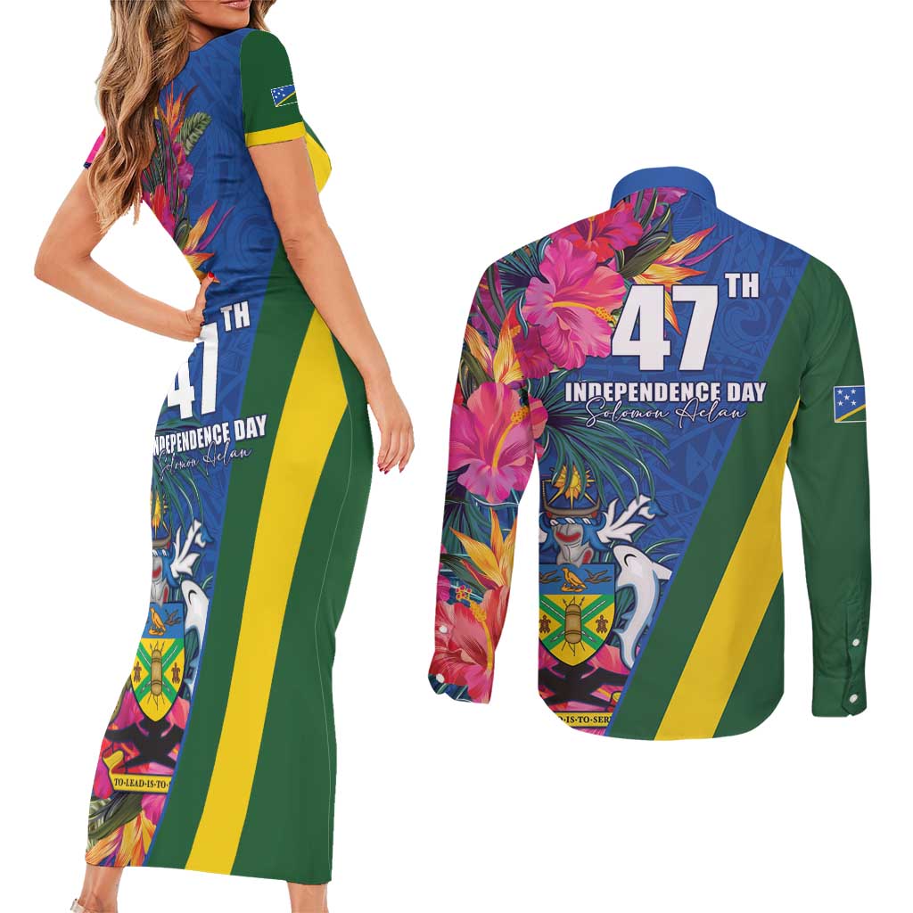 Solomon Islands Independence Day Couples Matching Short Sleeve Bodycon Dress and Long Sleeve Button Shirt Coat Of Arms With Tropical Flowers