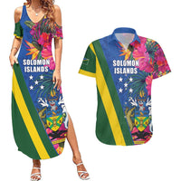 Solomon Islands Independence Day Couples Matching Summer Maxi Dress and Hawaiian Shirt Coat Of Arms With Tropical Flowers