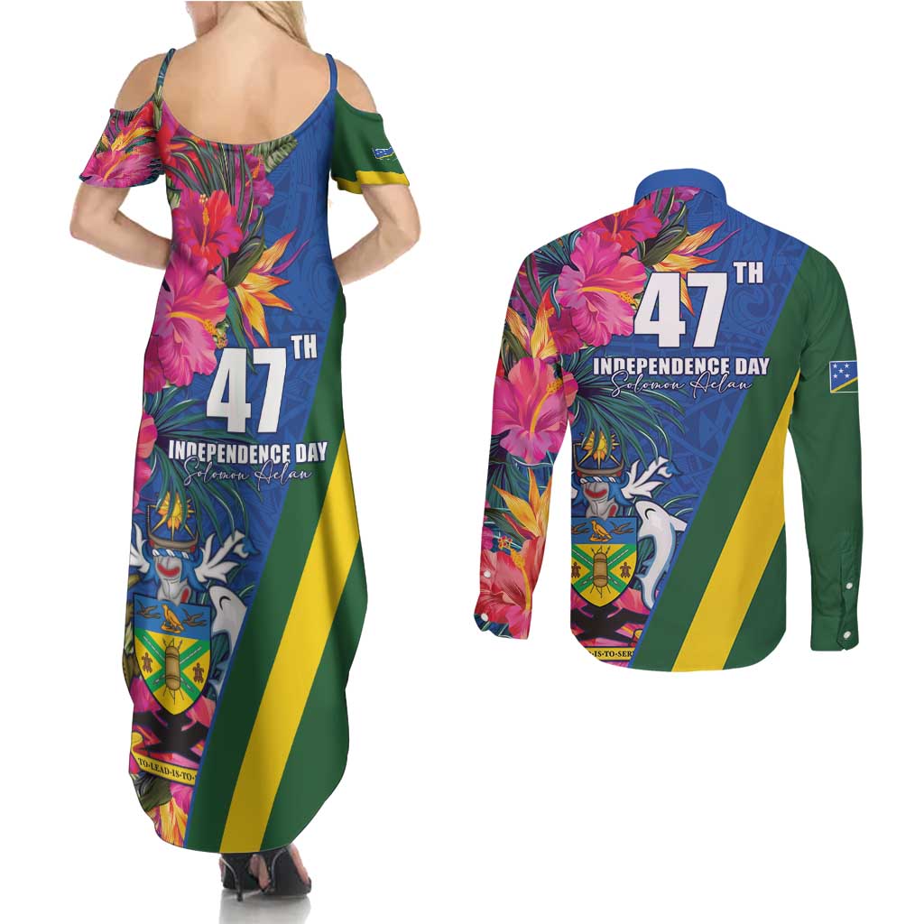 Solomon Islands Independence Day Couples Matching Summer Maxi Dress and Long Sleeve Button Shirt Coat Of Arms With Tropical Flowers