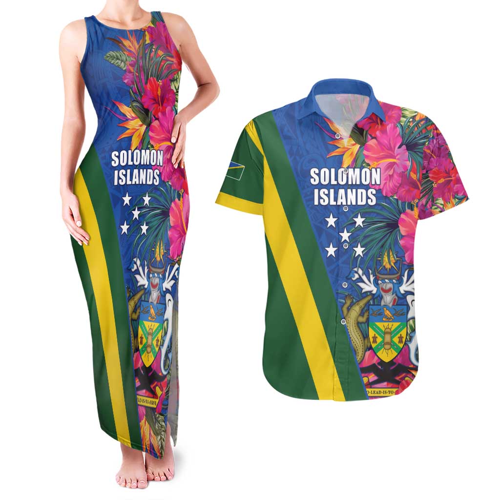 Solomon Islands Independence Day Couples Matching Tank Maxi Dress and Hawaiian Shirt Coat Of Arms With Tropical Flowers