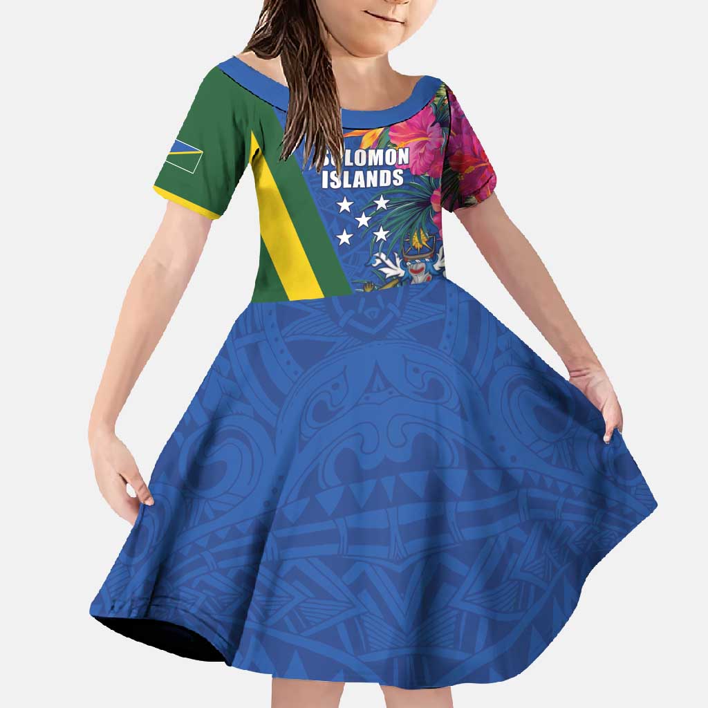 Solomon Islands Independence Day Family Matching Long Sleeve Bodycon Dress and Hawaiian Shirt Coat Of Arms With Tropical Flowers