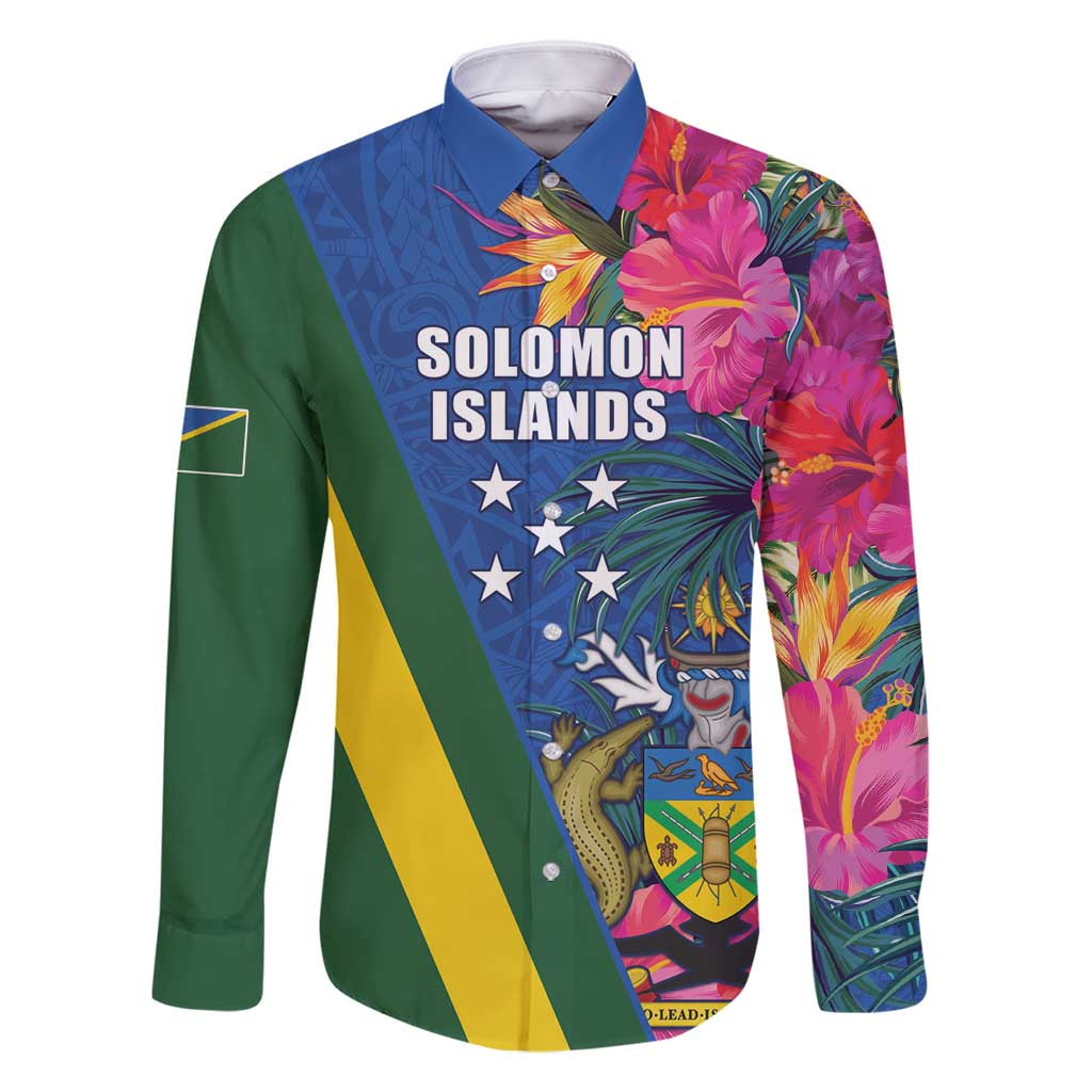 Solomon Islands Independence Day Family Matching Mermaid Dress and Hawaiian Shirt Coat Of Arms With Tropical Flowers
