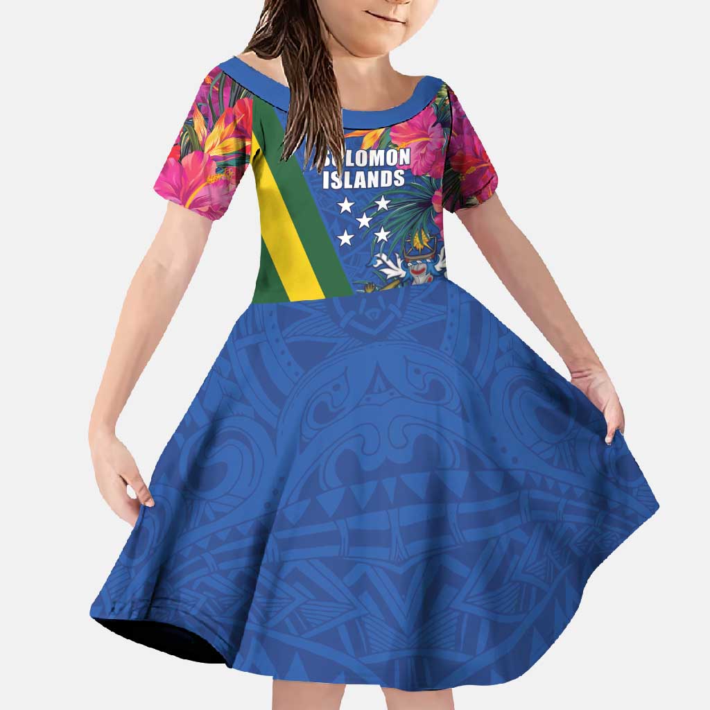 Solomon Islands Independence Day Family Matching Off Shoulder Maxi Dress and Hawaiian Shirt Coat Of Arms With Tropical Flowers