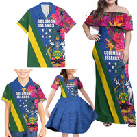 Solomon Islands Independence Day Family Matching Off Shoulder Maxi Dress and Hawaiian Shirt Coat Of Arms With Tropical Flowers