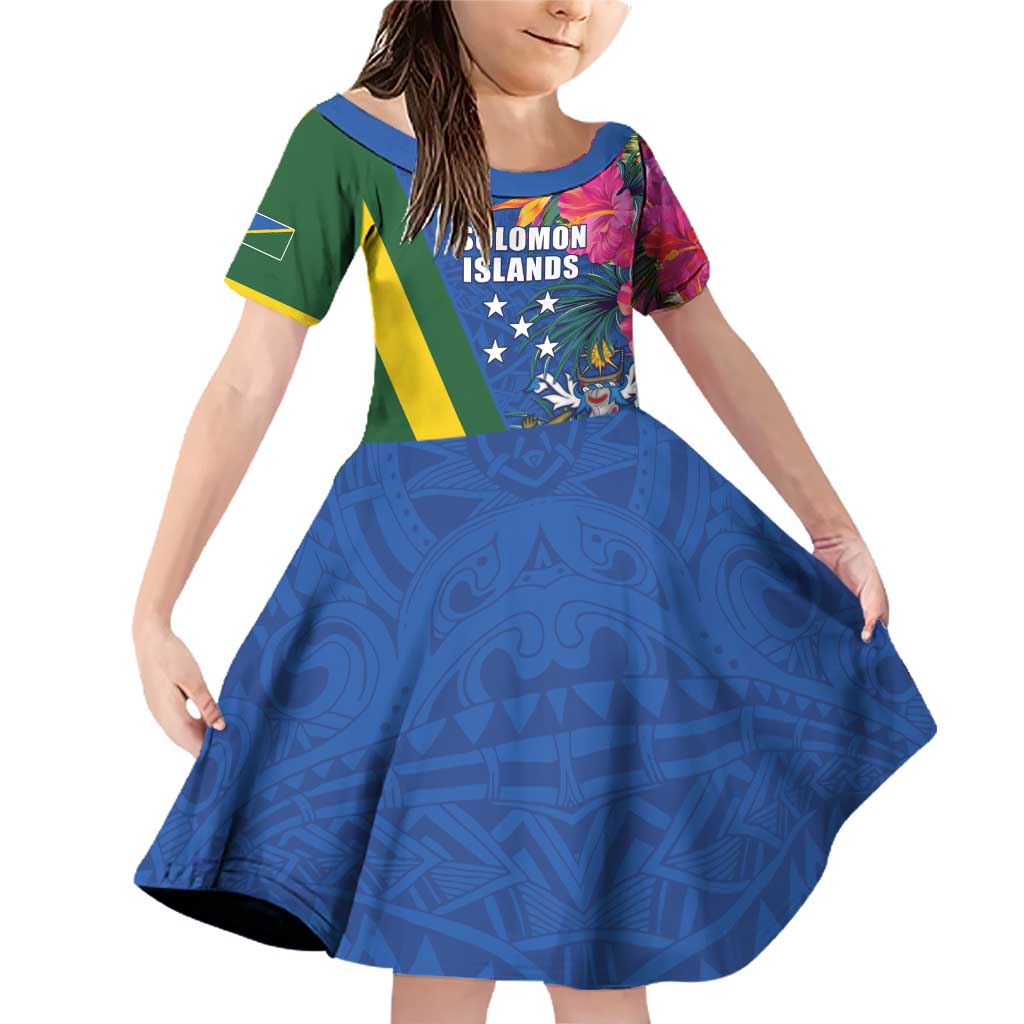 Solomon Islands Independence Day Family Matching Off Shoulder Short Dress and Hawaiian Shirt Coat Of Arms With Tropical Flowers