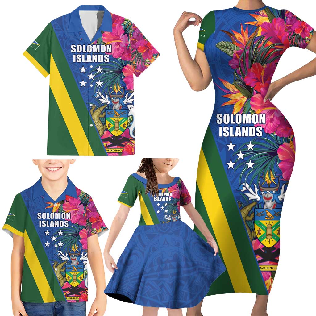 Solomon Islands Independence Day Family Matching Short Sleeve Bodycon Dress and Hawaiian Shirt Coat Of Arms With Tropical Flowers