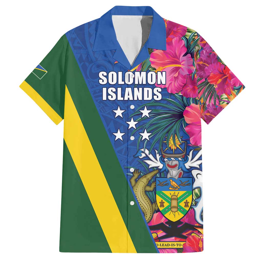 Solomon Islands Independence Day Family Matching Short Sleeve Bodycon Dress and Hawaiian Shirt Coat Of Arms With Tropical Flowers