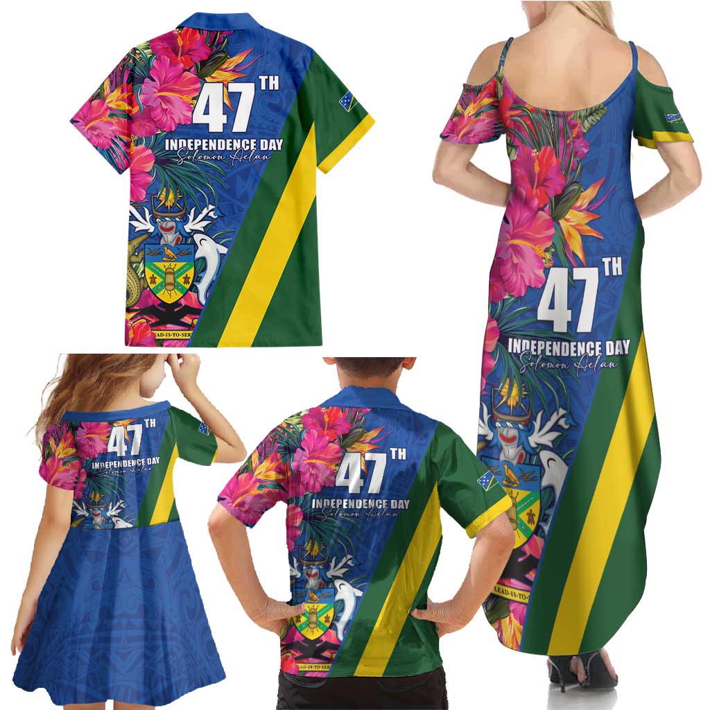 Solomon Islands Independence Day Family Matching Summer Maxi Dress and Hawaiian Shirt Coat Of Arms With Tropical Flowers