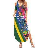 Solomon Islands Independence Day Family Matching Summer Maxi Dress and Hawaiian Shirt Coat Of Arms With Tropical Flowers