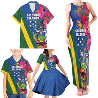 Solomon Islands Independence Day Family Matching Tank Maxi Dress and Hawaiian Shirt Coat Of Arms With Tropical Flowers