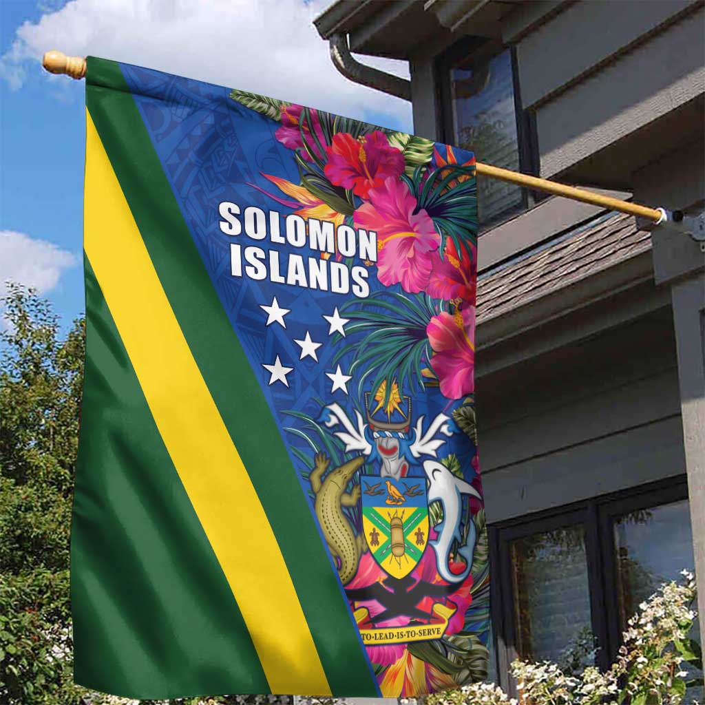 Solomon Islands Independence Day Garden Flag Coat Of Arms With Tropical Flowers