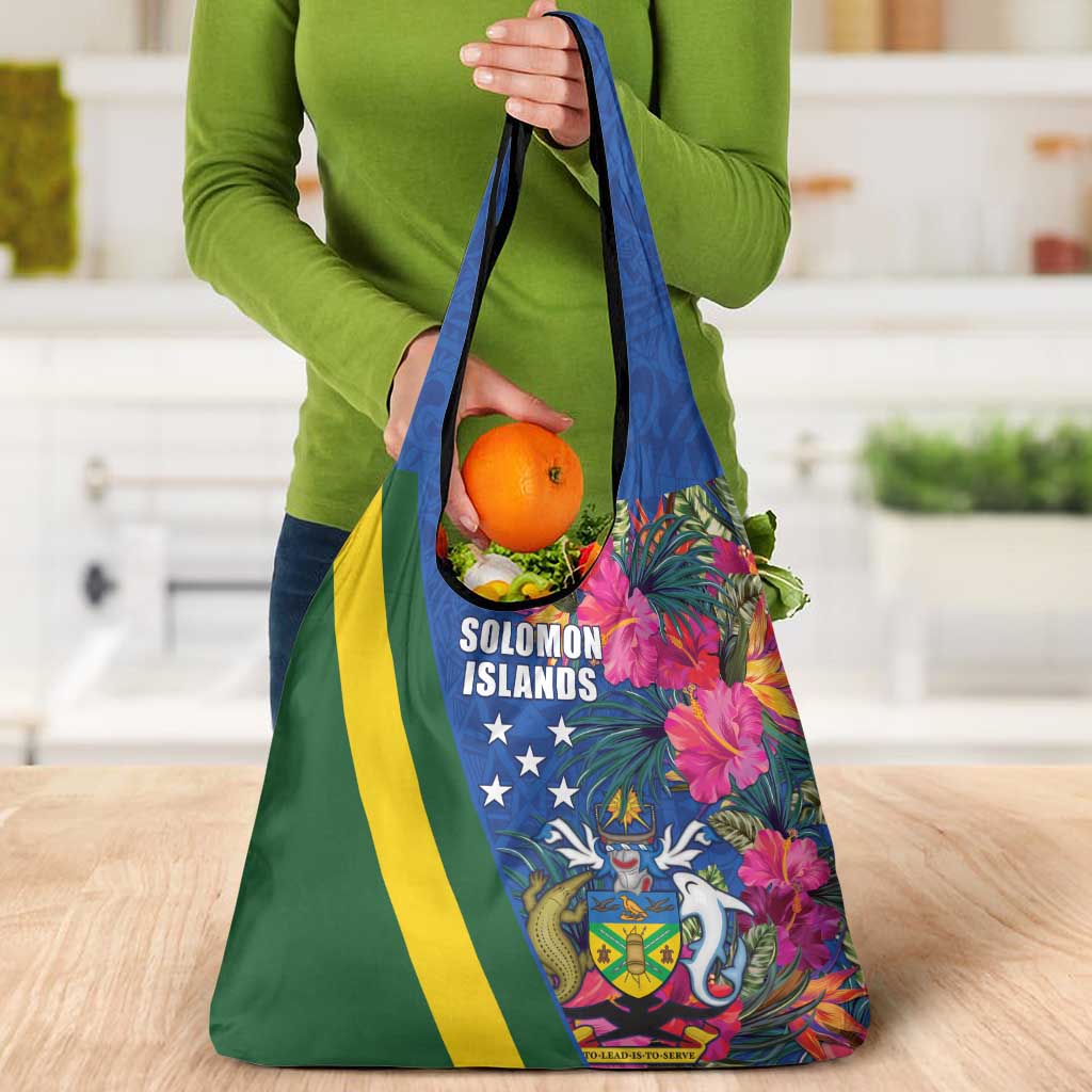 Solomon Islands Independence Day Grocery Bag Coat Of Arms With Tropical Flowers