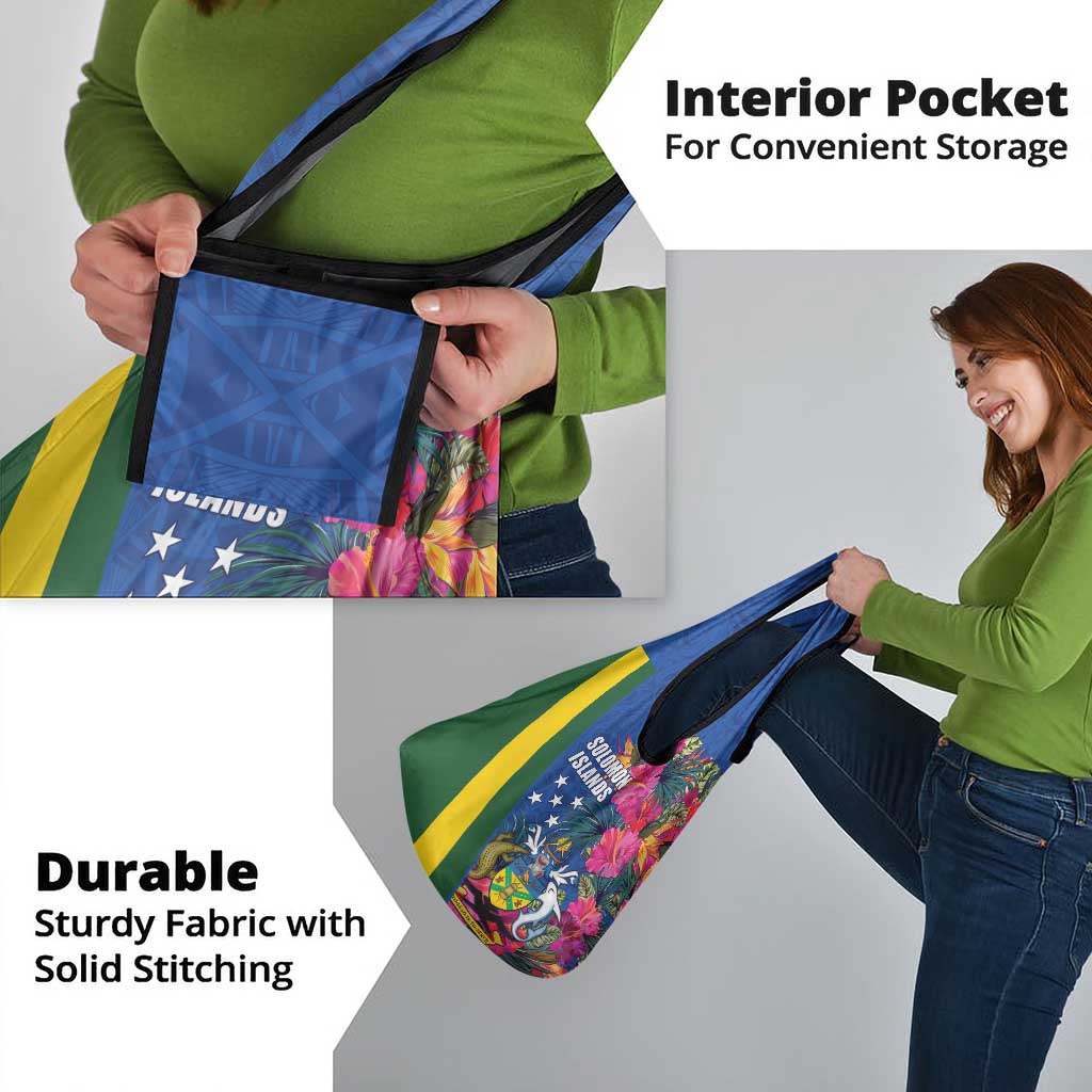 Solomon Islands Independence Day Grocery Bag Coat Of Arms With Tropical Flowers