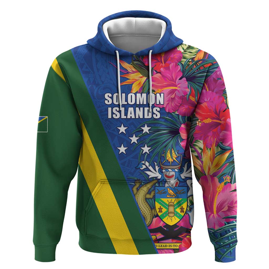 Solomon Islands Independence Day Hoodie Coat Of Arms With Tropical Flowers