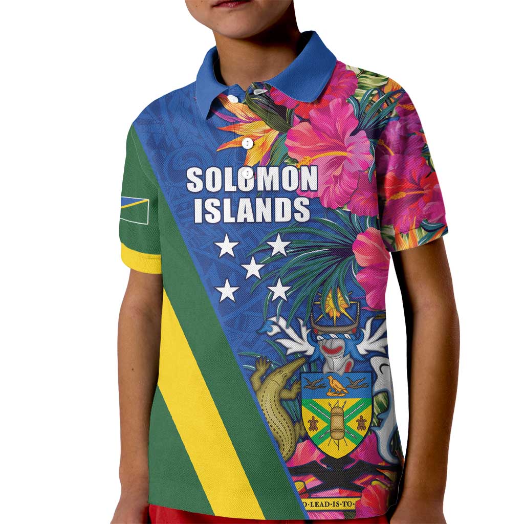 Solomon Islands Independence Day Kid Polo Shirt Coat Of Arms With Tropical Flowers