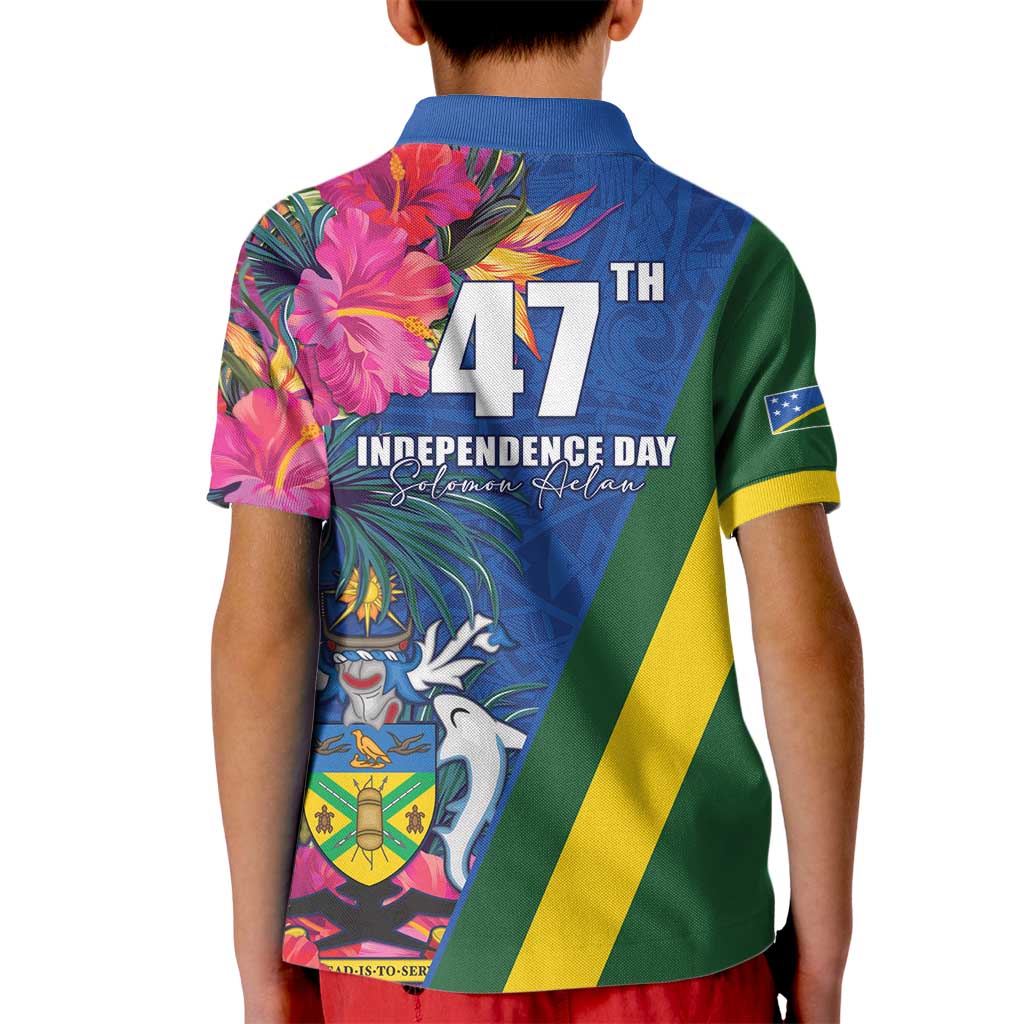 Solomon Islands Independence Day Kid Polo Shirt Coat Of Arms With Tropical Flowers