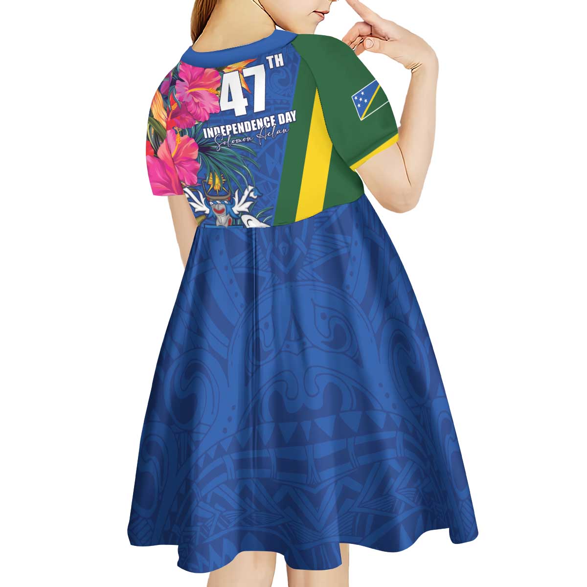 Solomon Islands Independence Day Kid Short Sleeve Dress Coat Of Arms With Tropical Flowers