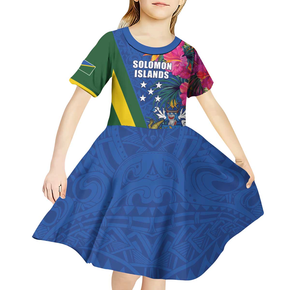 Solomon Islands Independence Day Kid Short Sleeve Dress Coat Of Arms With Tropical Flowers