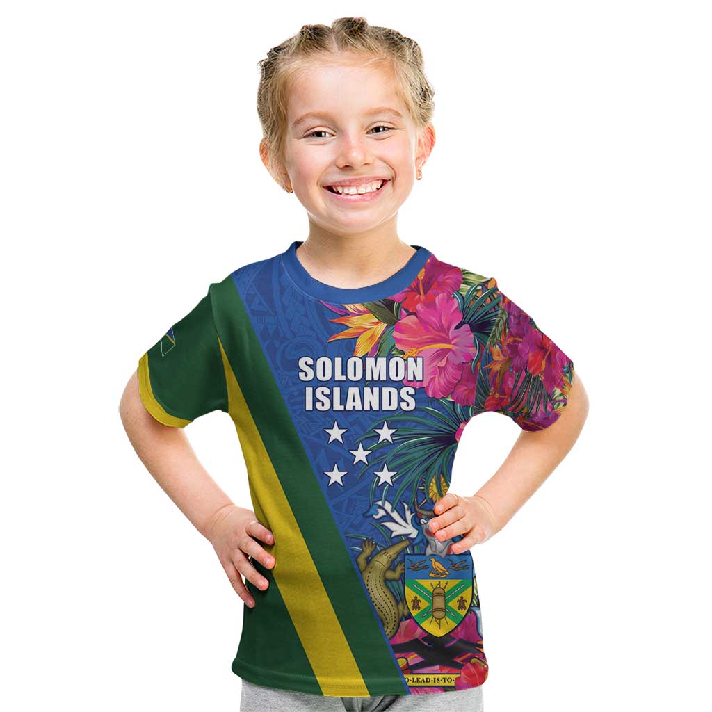 Solomon Islands Independence Day Kid T Shirt Coat Of Arms With Tropical Flowers
