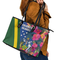 Solomon Islands Independence Day Leather Tote Bag Coat Of Arms With Tropical Flowers