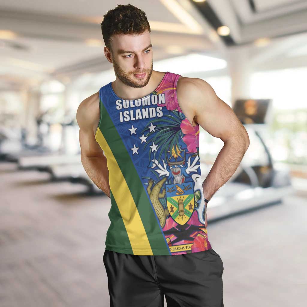 Solomon Islands Independence Day Men Tank Top Coat Of Arms With Tropical Flowers