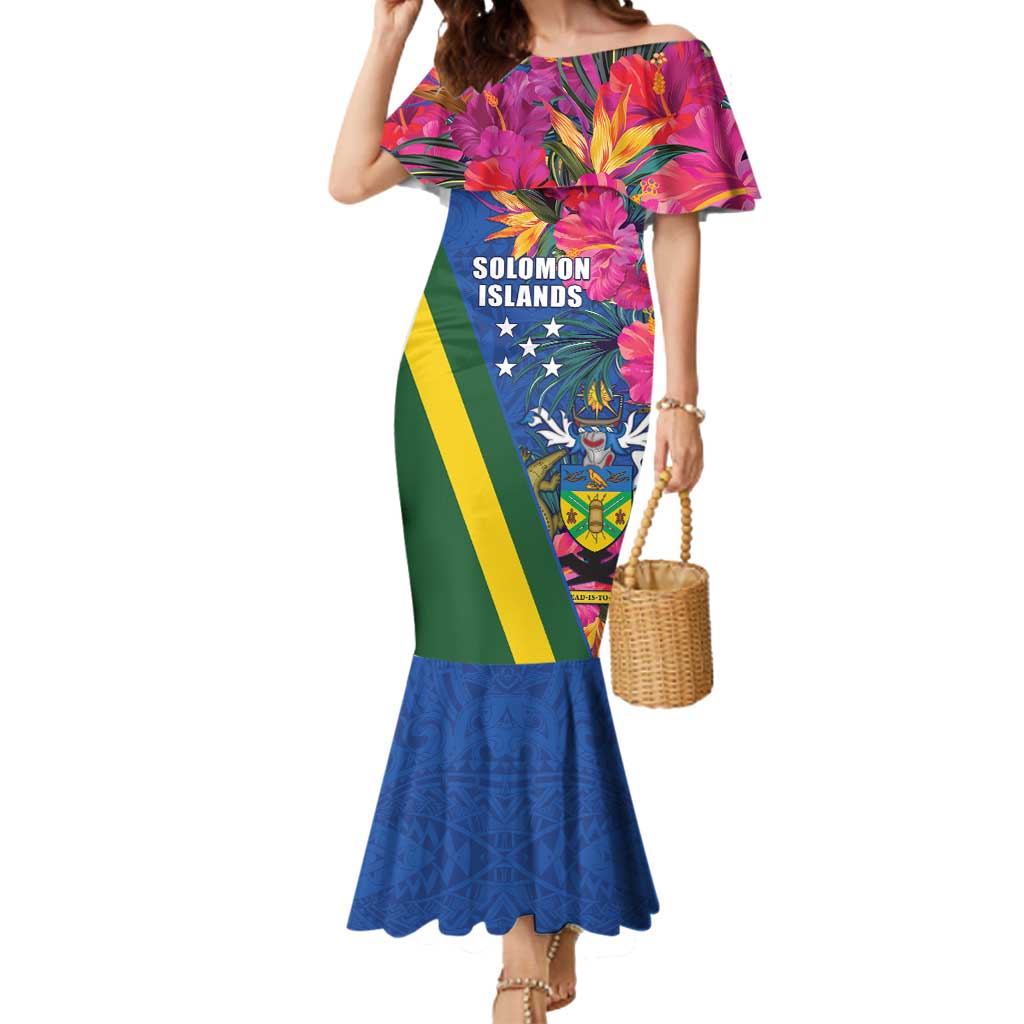 Solomon Islands Independence Day Mermaid Dress Coat Of Arms With Tropical Flowers